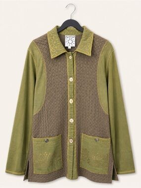 Surya Embroidered Button Front Jacket Olive Green Metallic Size Large Cotton